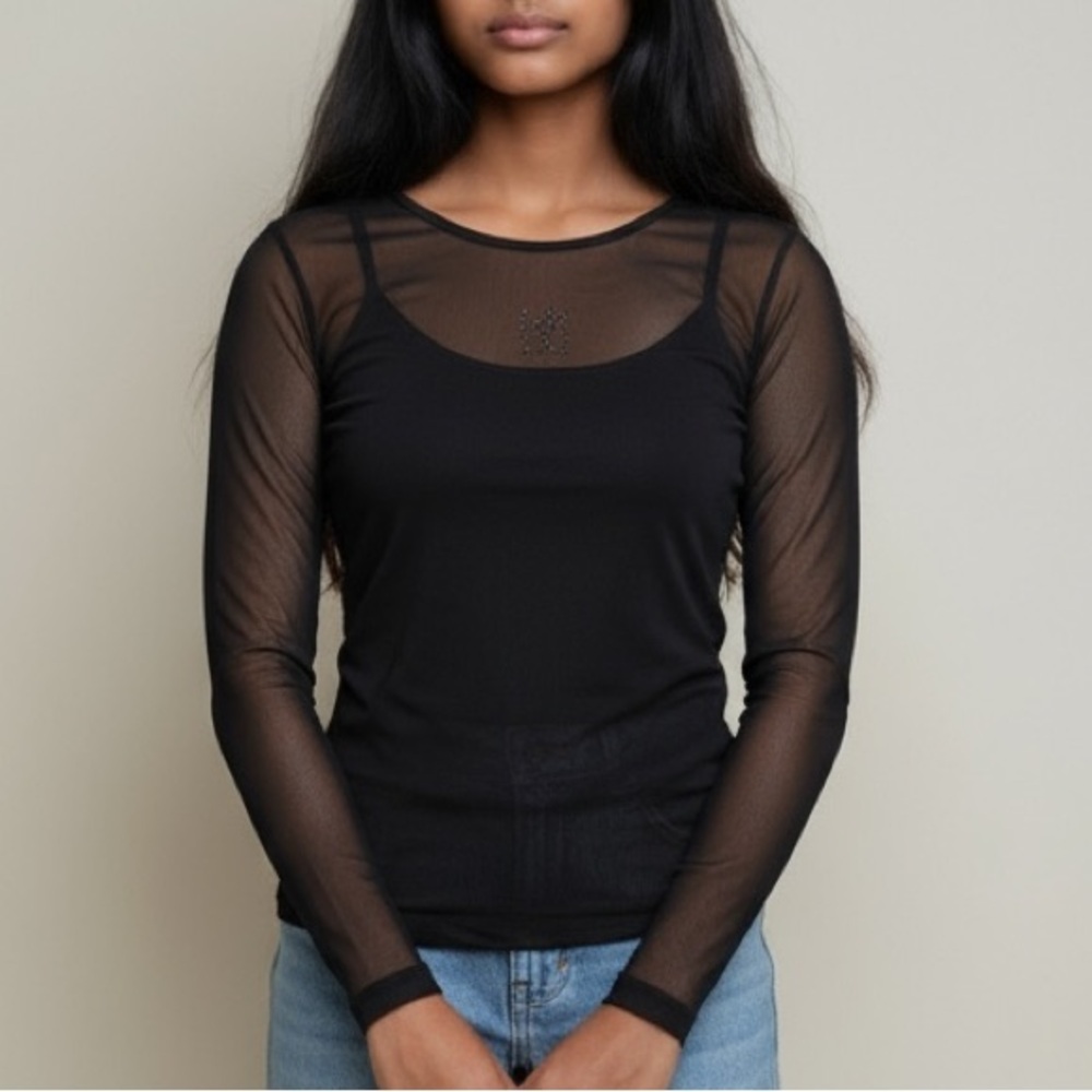 Misguided Black Mesh Top medium